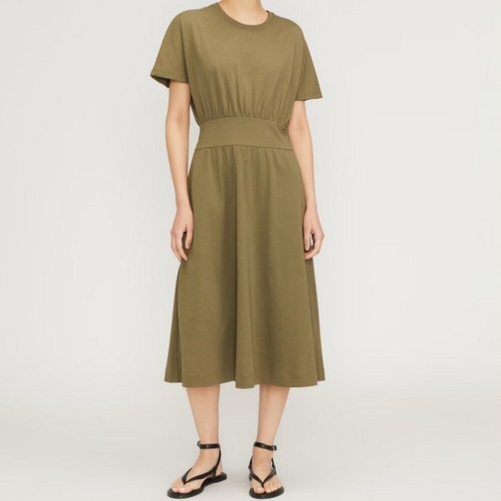 Everlane Kalamata Olive Green Organic Cotton Waisted Midi Dress - Picture 2 of 12